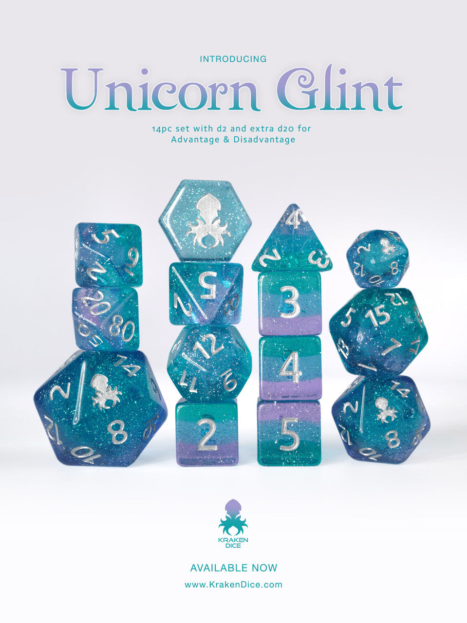 Unicorn Glint 14pc Silver Ink Dice Set