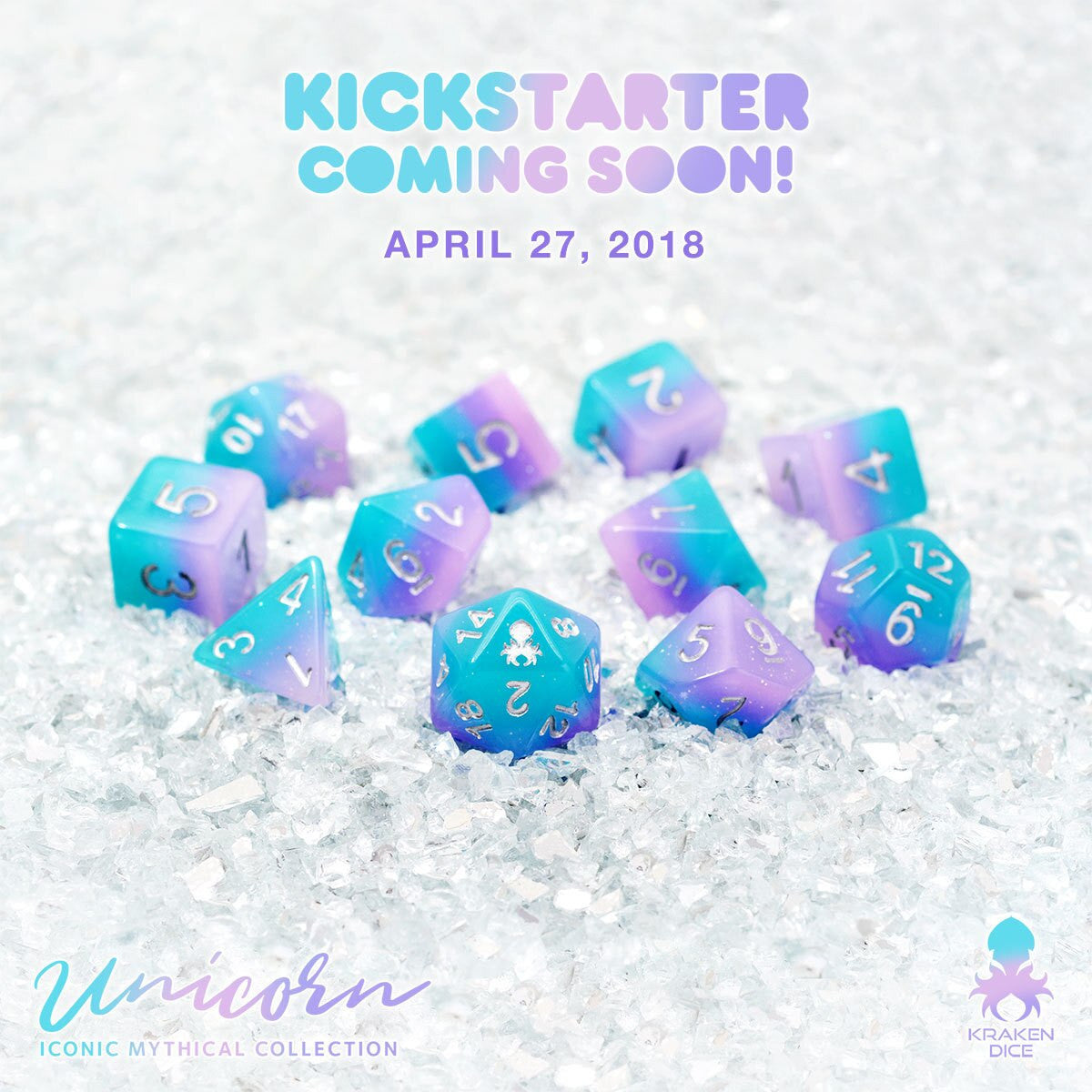 Unicorn 12pc Silver Ink Dice Set With Kraken Logo