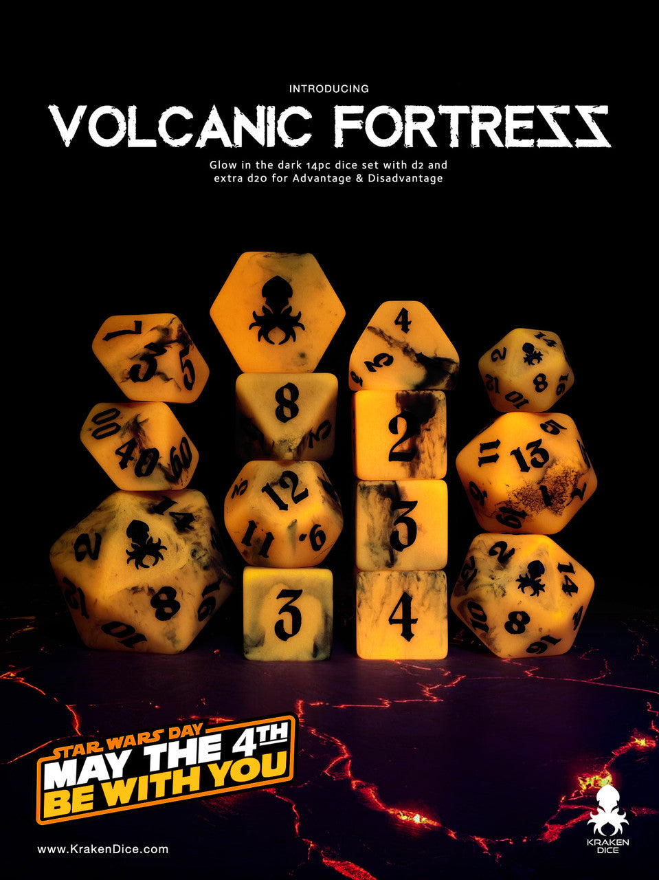 Volcanic Fortress Glow in the Dark 14pc Dice Set inked in Black