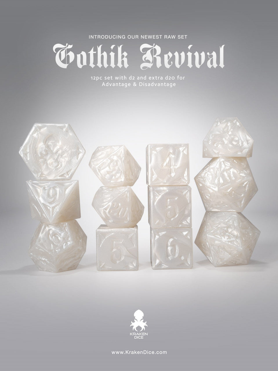 RAW White Gothik Revival  RPG 12pc Dice Set