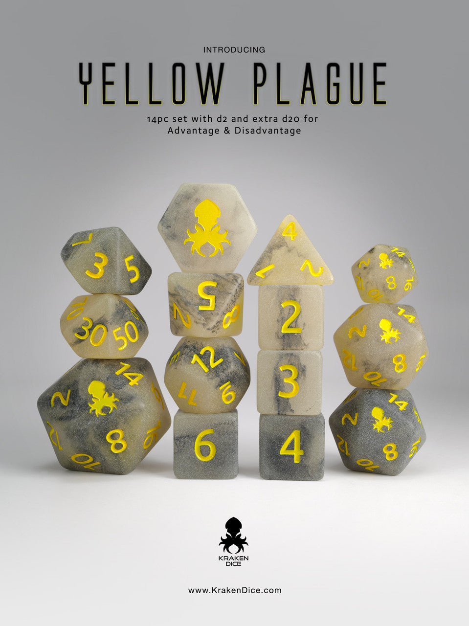 Yellow Plague 14pc Glow in the Dark Dice Set with Yellow Ink