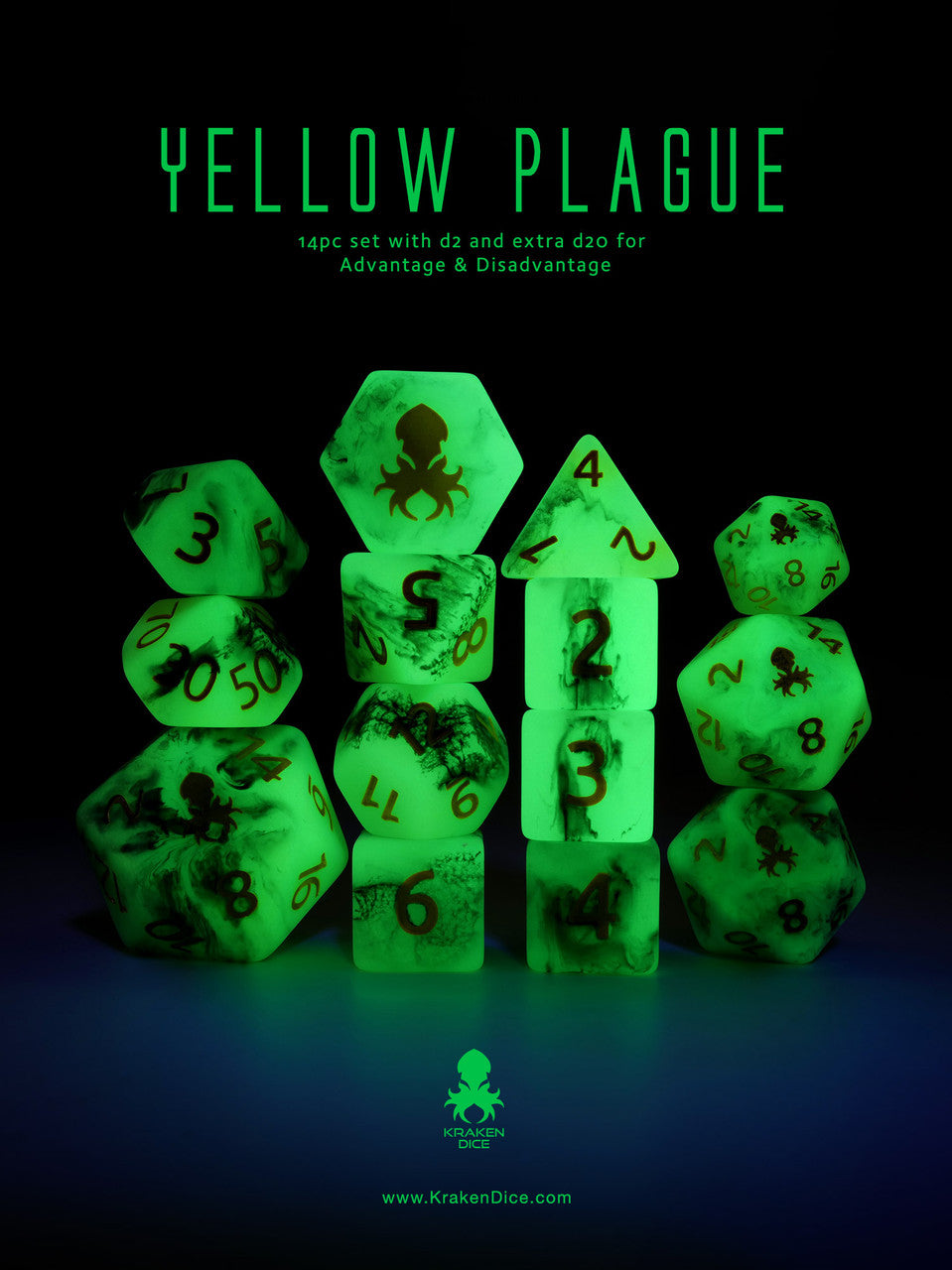 Yellow Plague 14pc Glow in the Dark Dice Set with Yellow Ink