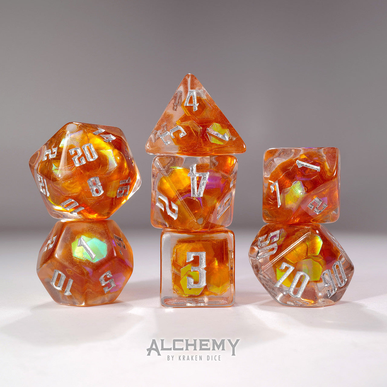 7pc Exotic Orange Galaxy  with Silver Ink by Alchemy Dice