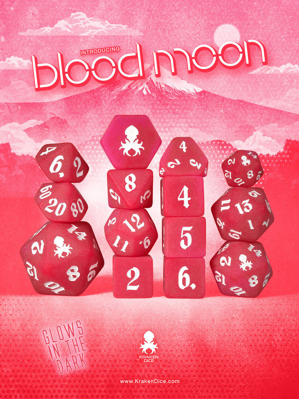 Blood Moon Glow in the Dark 14pc Dice Set inked in White