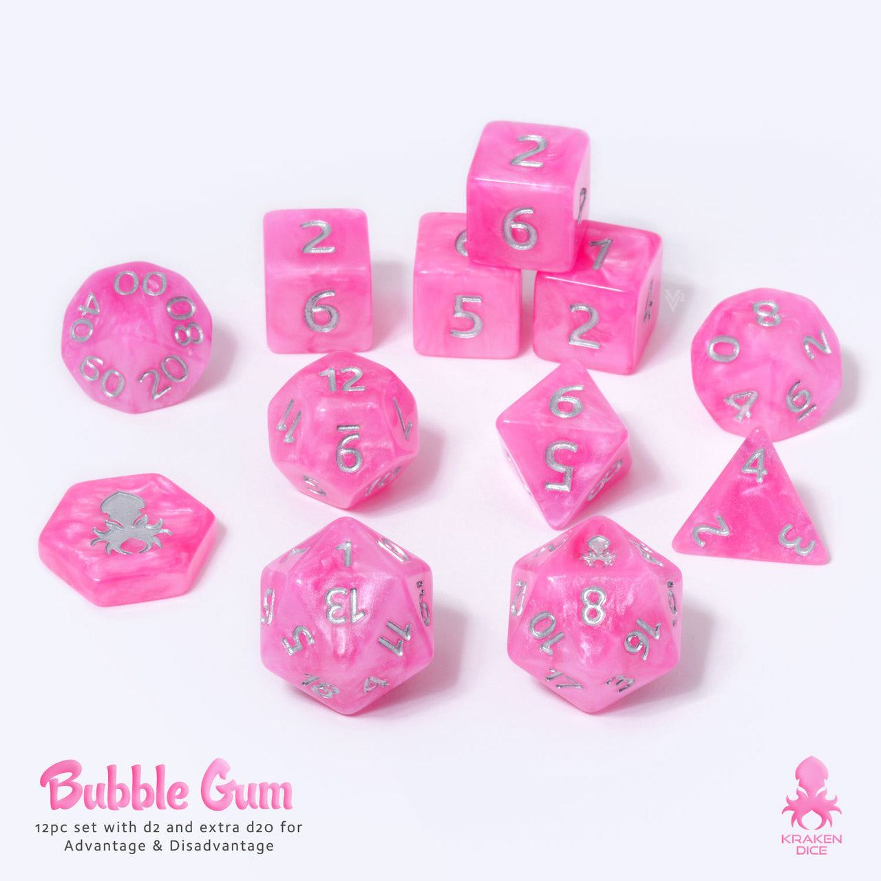 Bubble Gum 14pc DnD Dice Set Inked in Silver