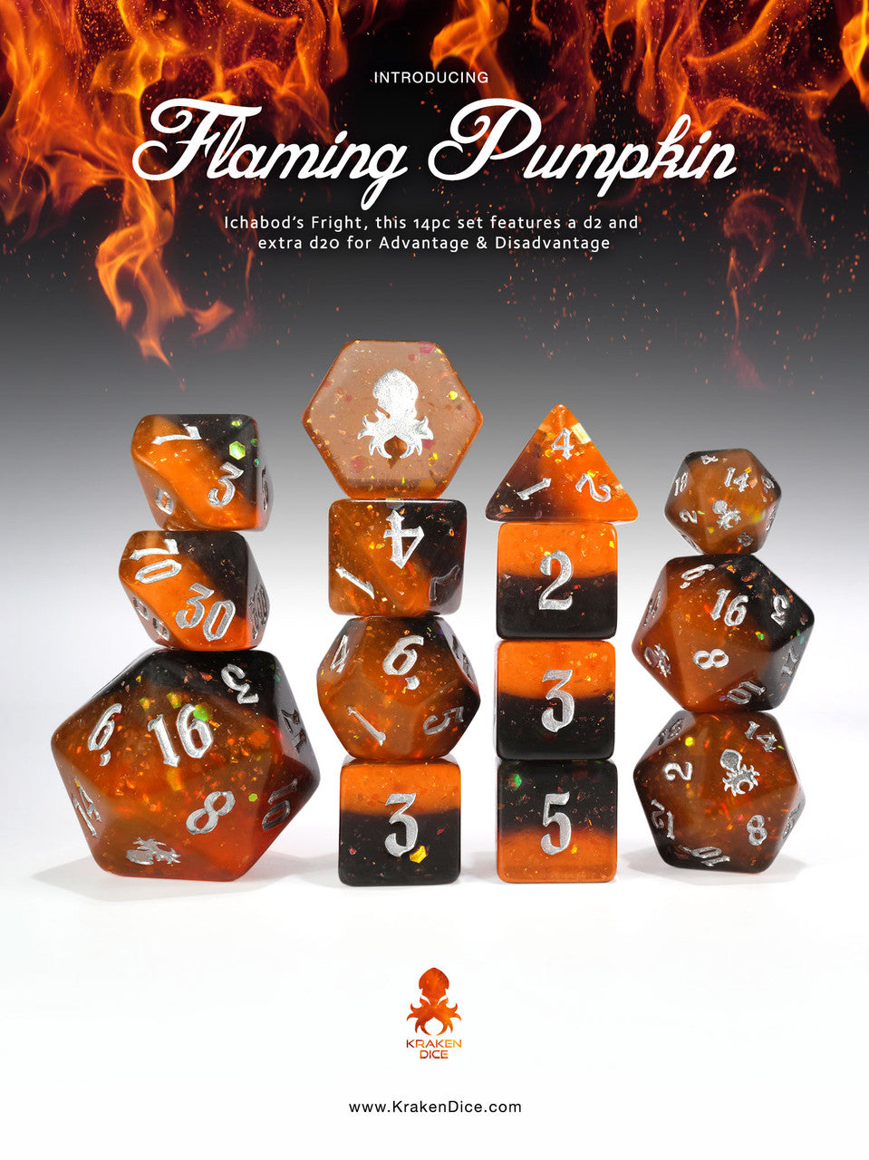 Flaming Pumpkin: Ichabod's Fright 14pc - Limited Run - Silver Ink Dice Set
