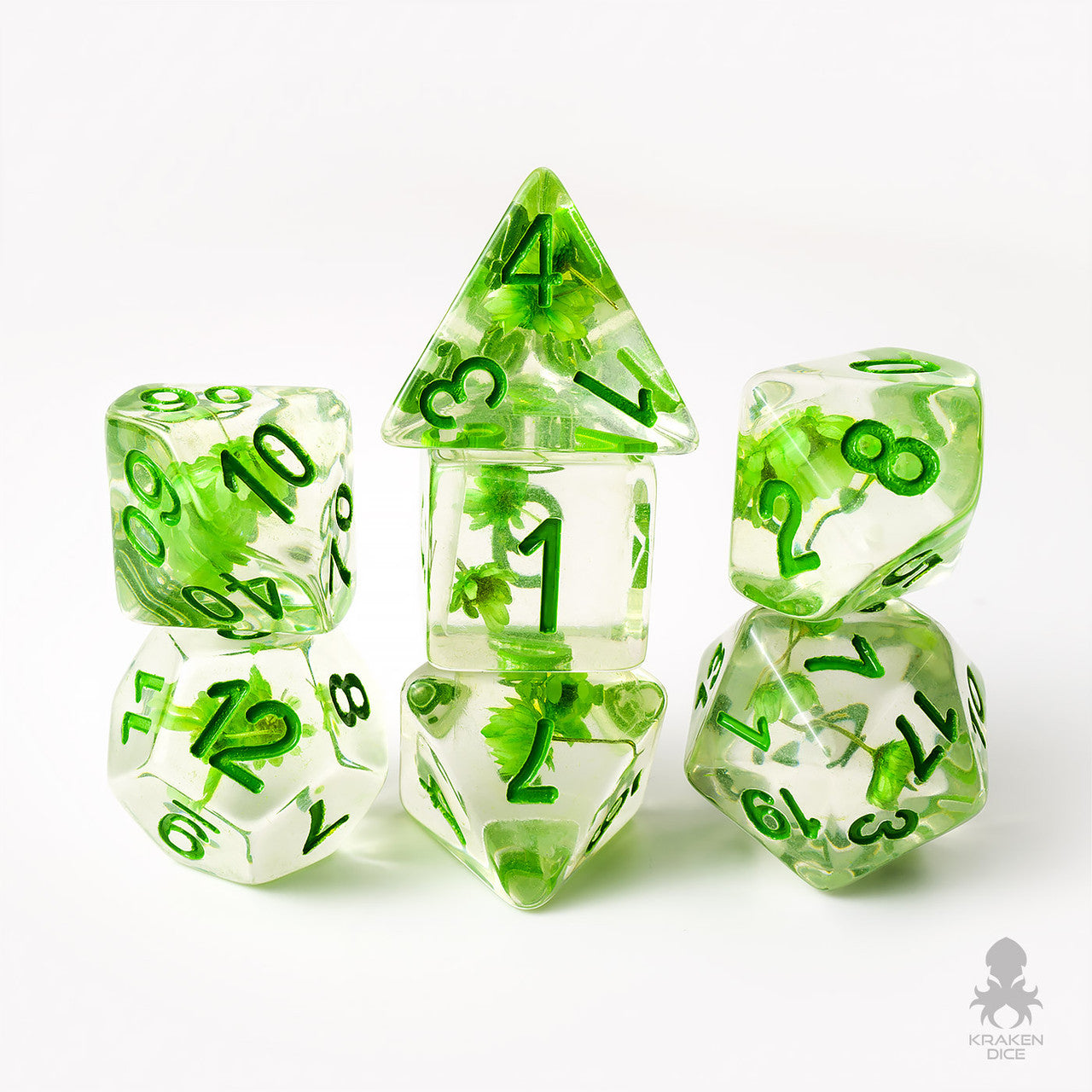 Green Flowers with Green Ink 7pc Polyhedral Dice Set