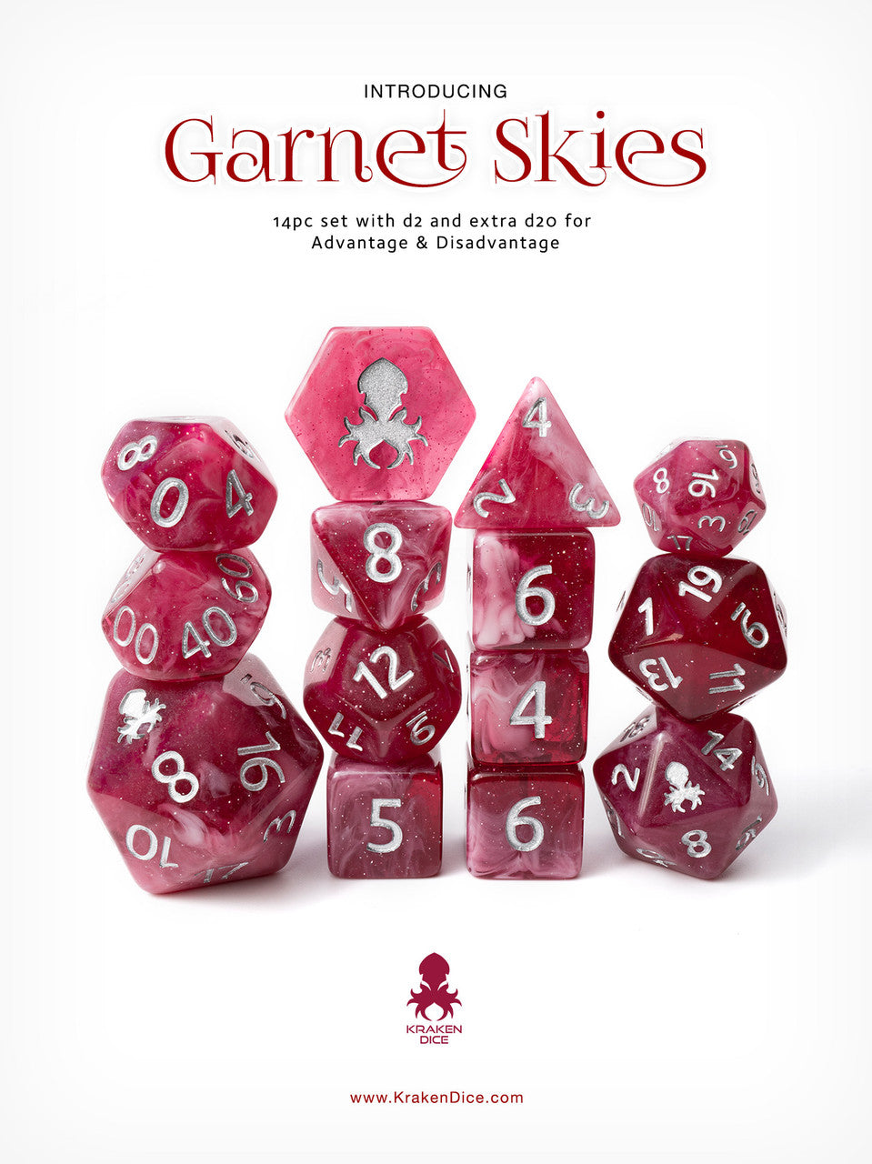 Garnet Skies 14pc Dice Set Inked in Silver