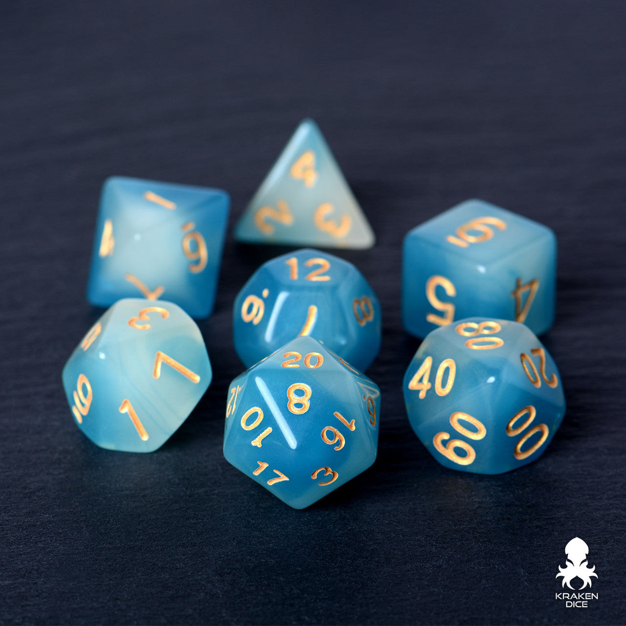 Blue  & White (Green Glow) Glow in the Dark Dice Set