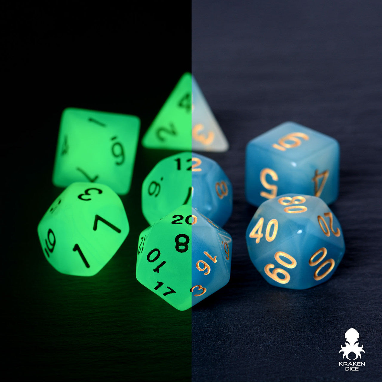 Blue  & White (Green Glow) Glow in the Dark Dice Set