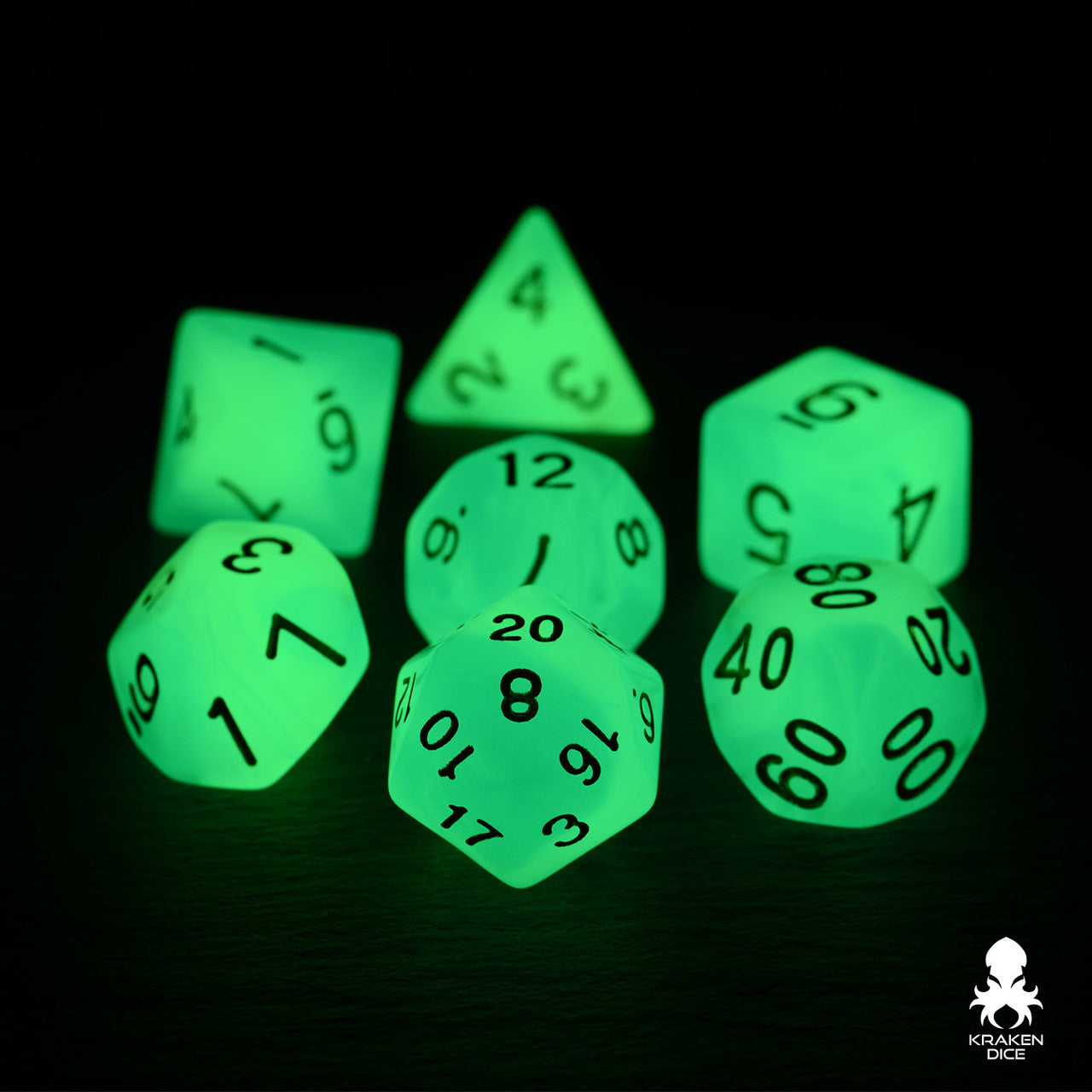 Blue  & White (Green Glow) Glow in the Dark Dice Set