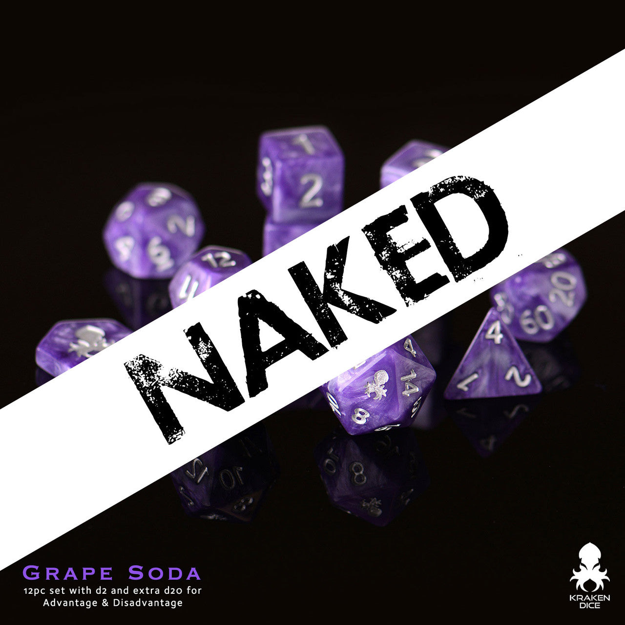 Naked Grape Soda 14pc DnD Dice Set With Kraken Logo