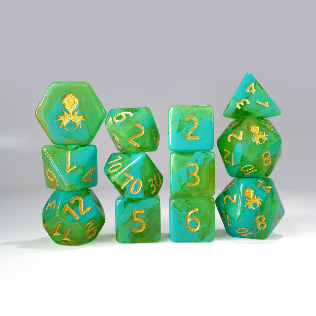 12pc Green and Light Blue Gummi Polyhedral Dice Set