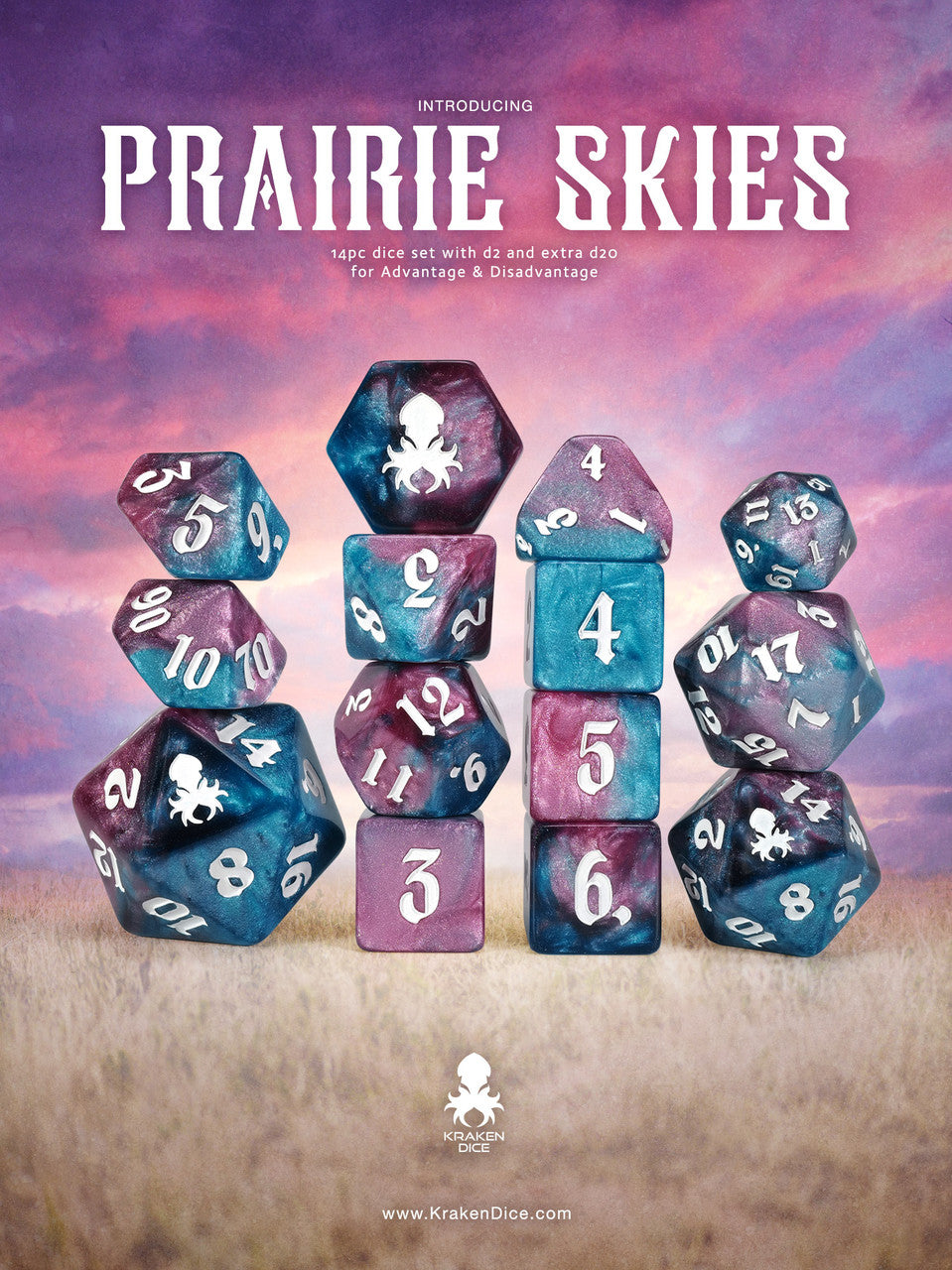 Prairie Skies 14pc Dice Set inked in Silver