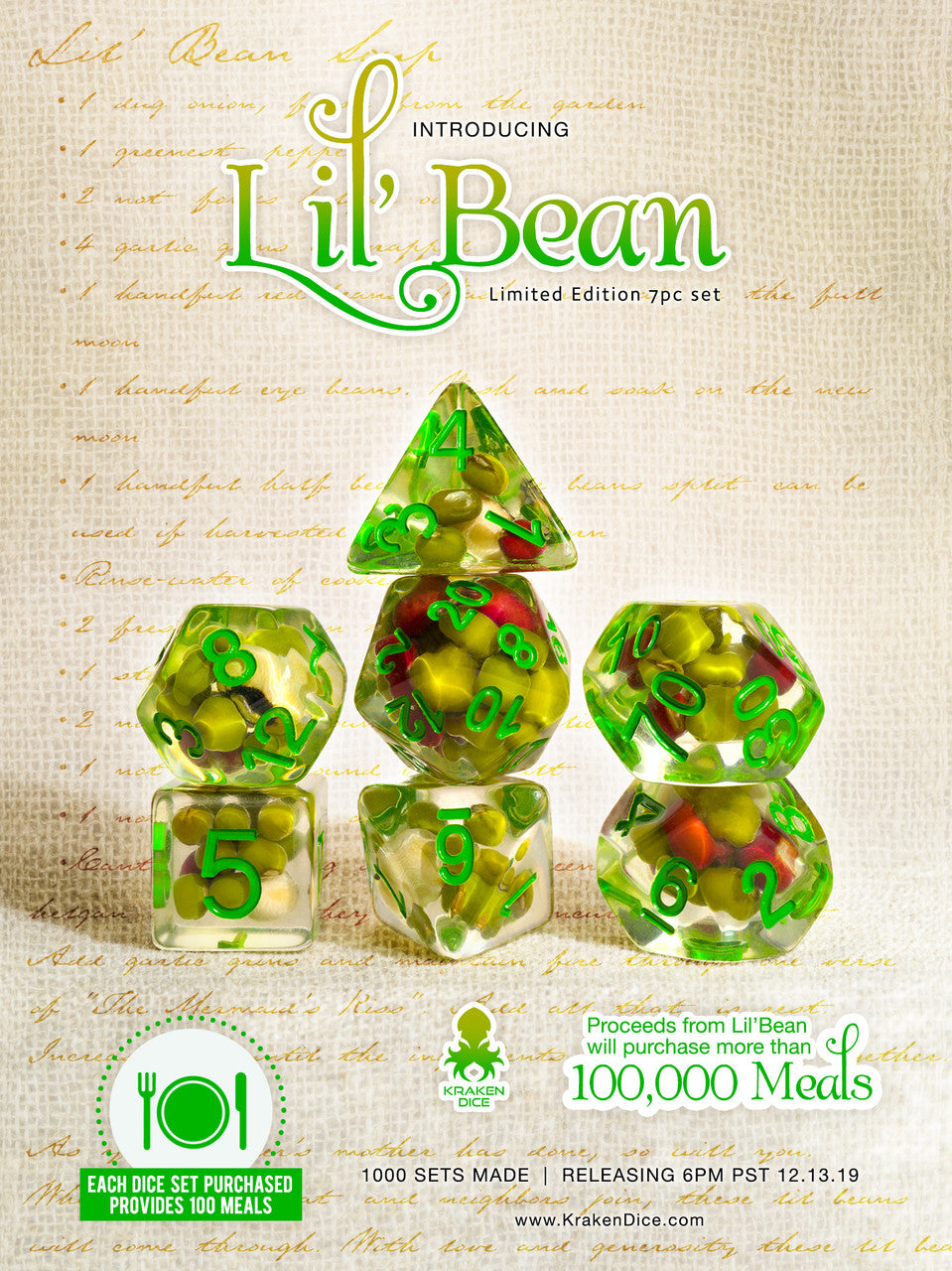 Lil' Bean 7pc RPG Dice Set with Green Ink