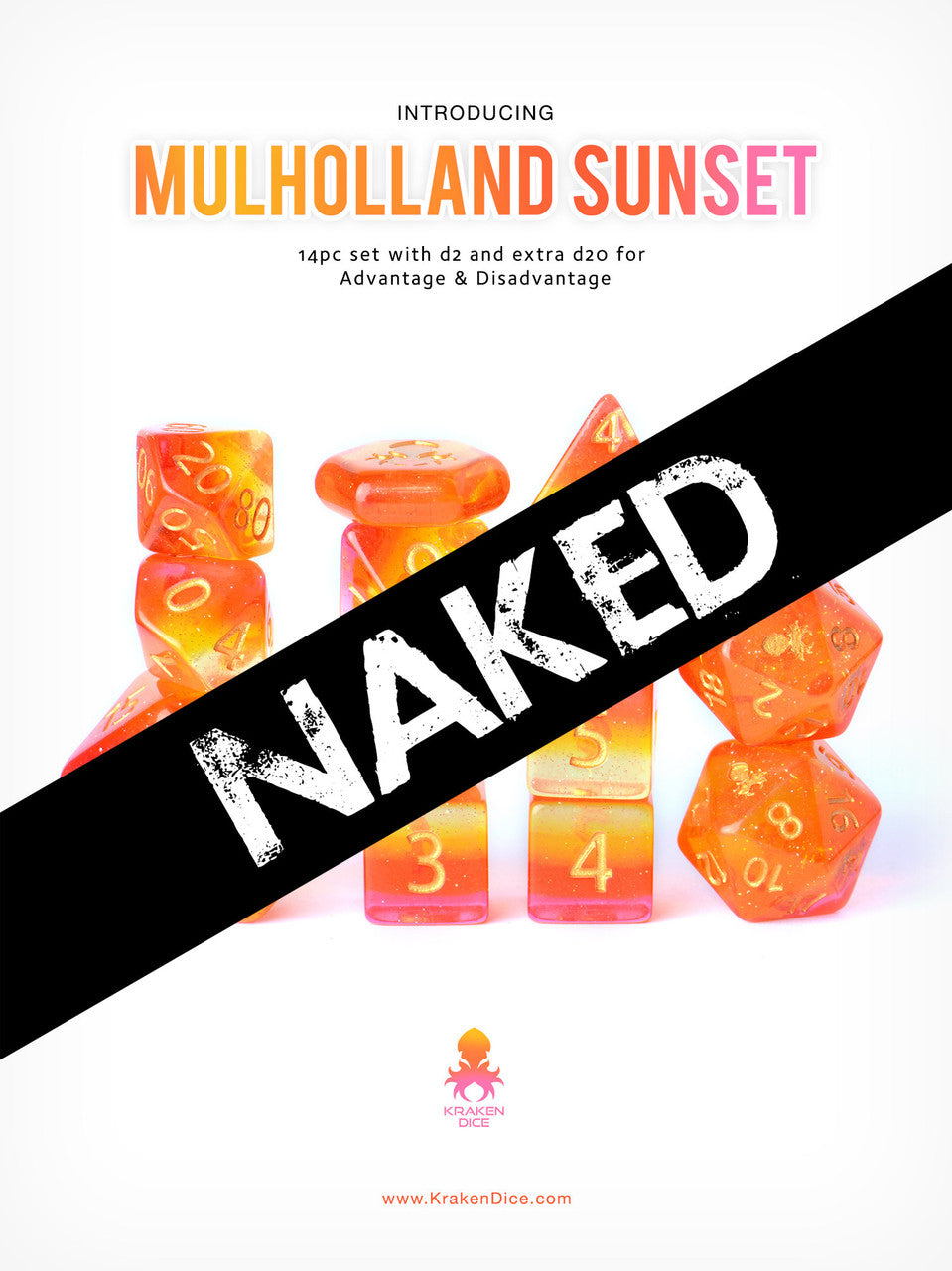 Mulholland Sunset No Ink 14pc Dice Set With Kraken Logo