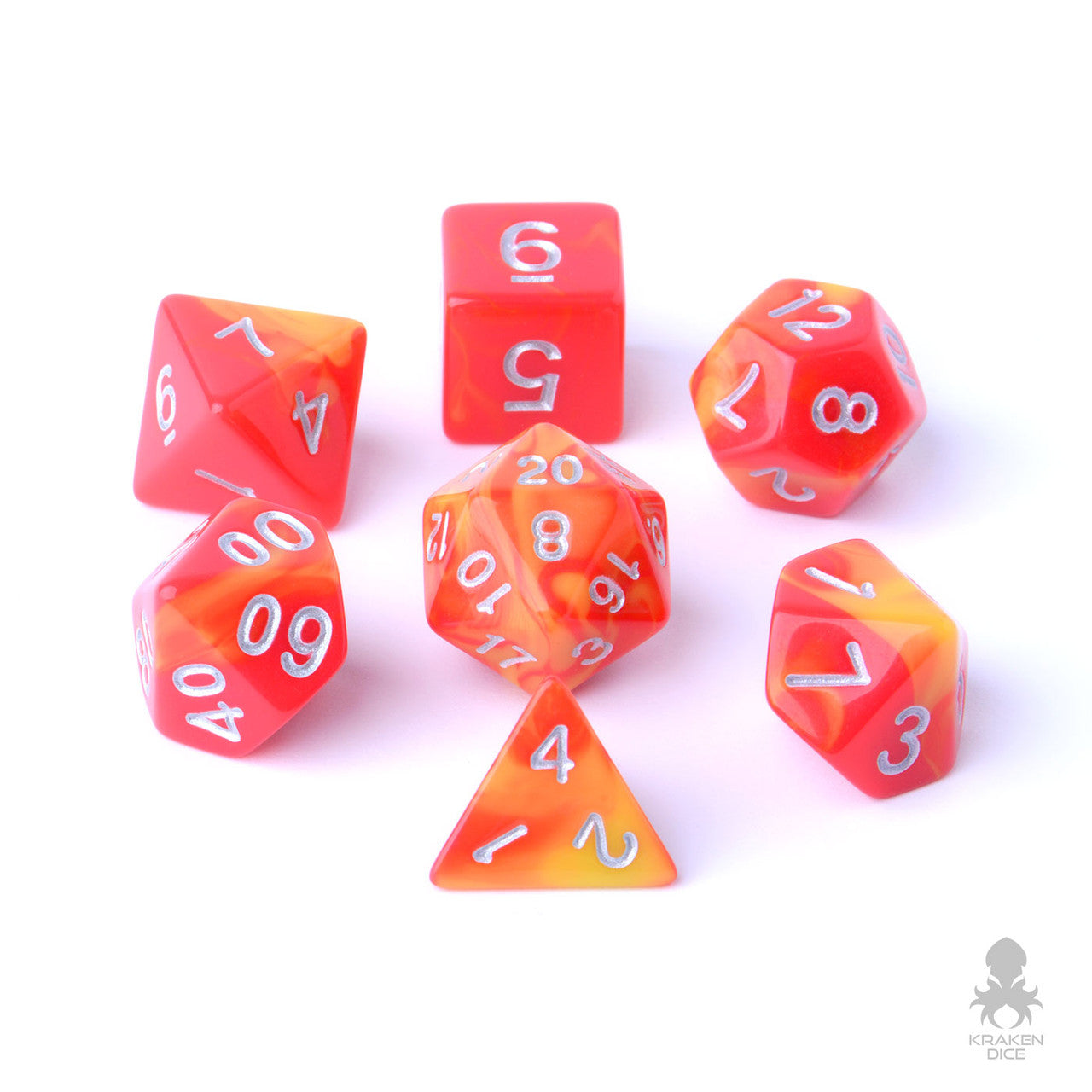 Pink and Orange 7pc Fusion Dice Set W Silver Ink For RPGs