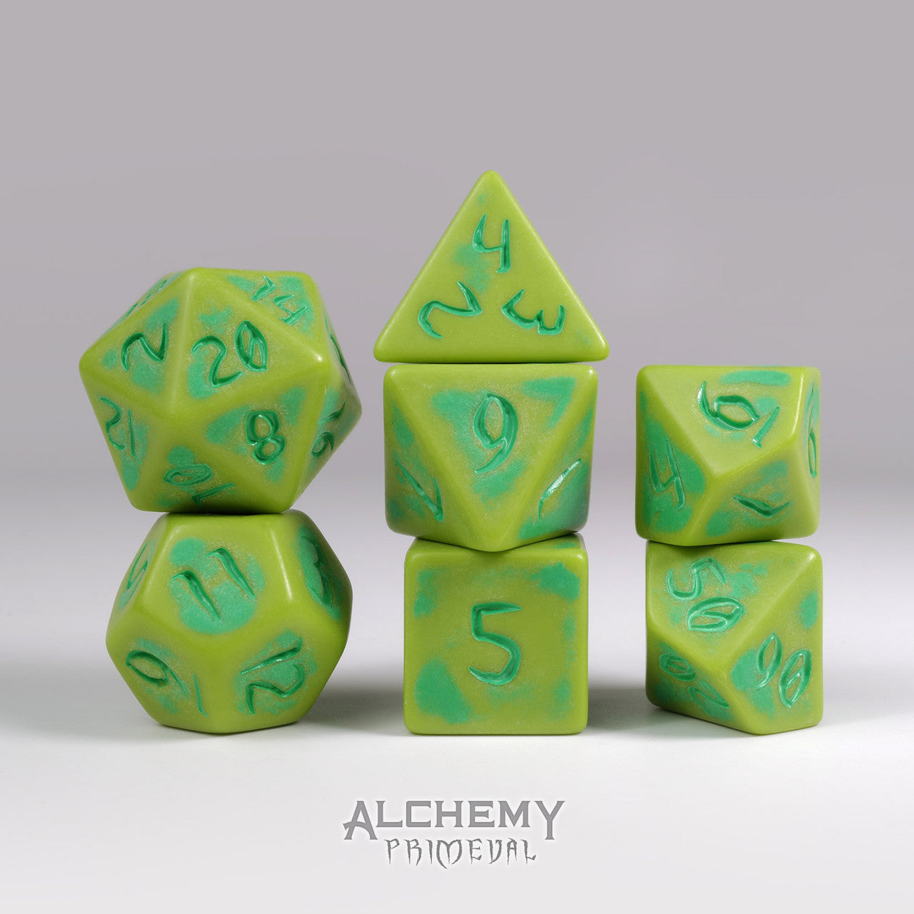 Primeval:Limestone with Green Ink 7pc Custom Font Polyhedral Dice Set