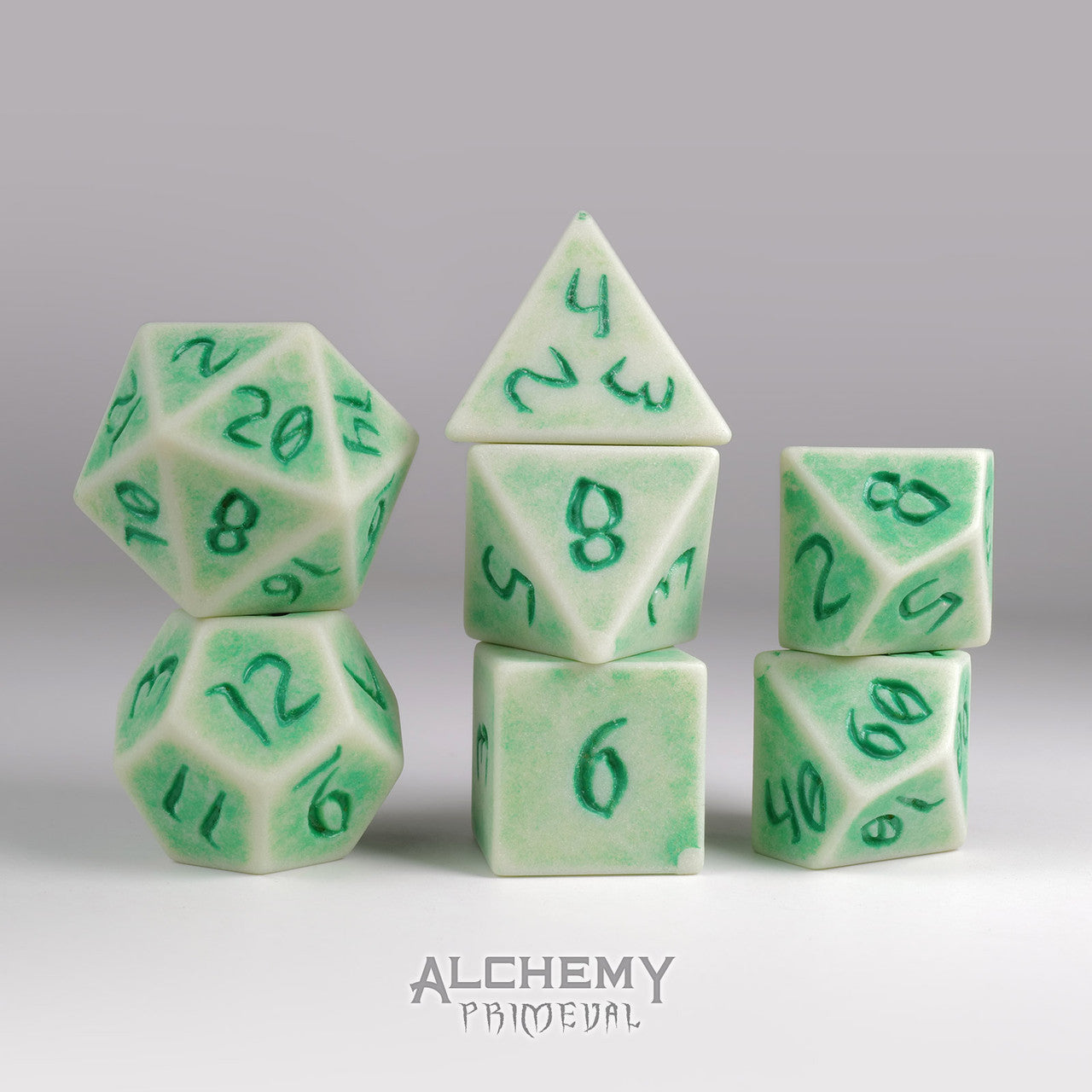 Primeval:White Slate with Green Ink 7pc Custom Font Polyhedral Dice Set