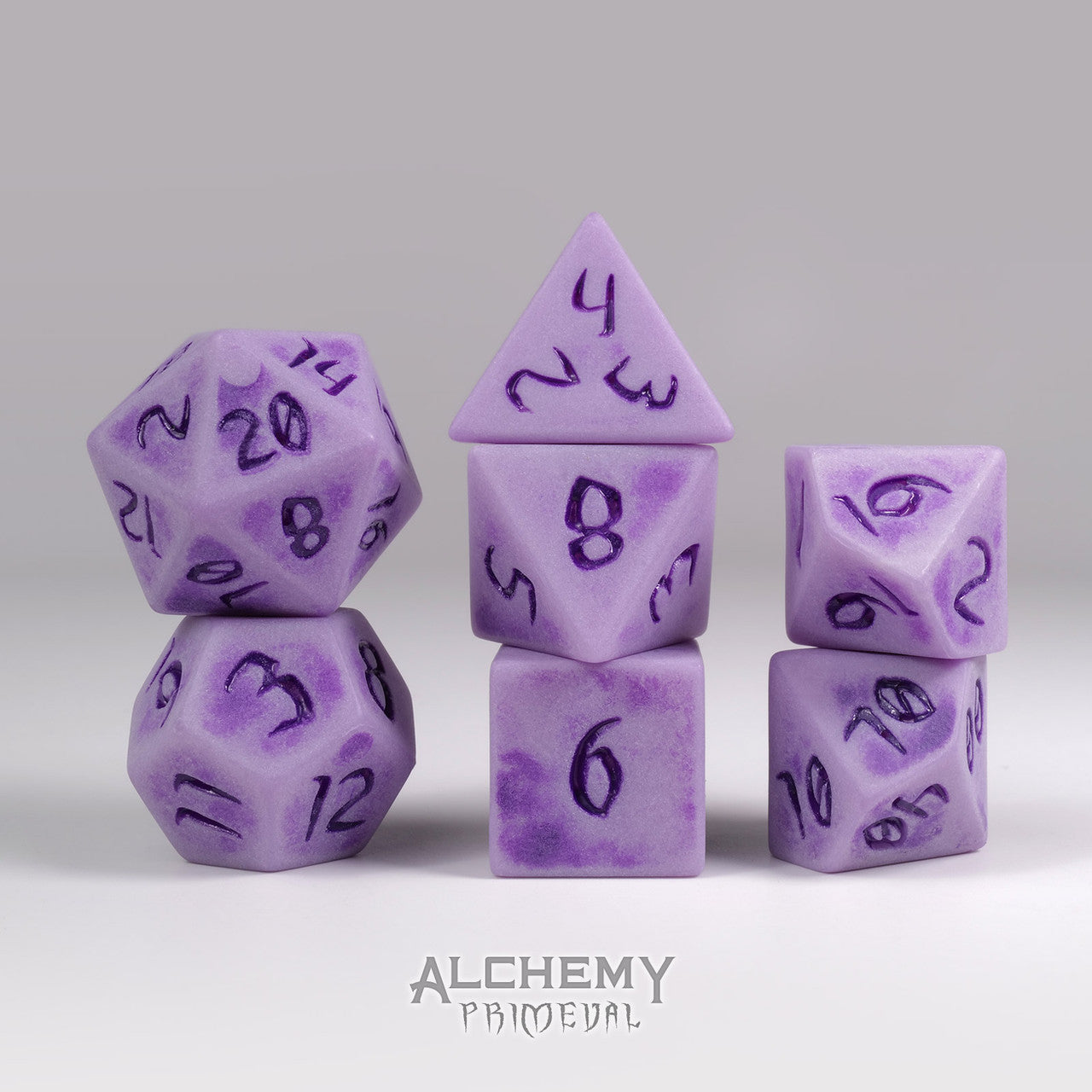 Primeval: Purple River Rock with Purple Ink 7pc Custom Font Polyhedral Dice Set