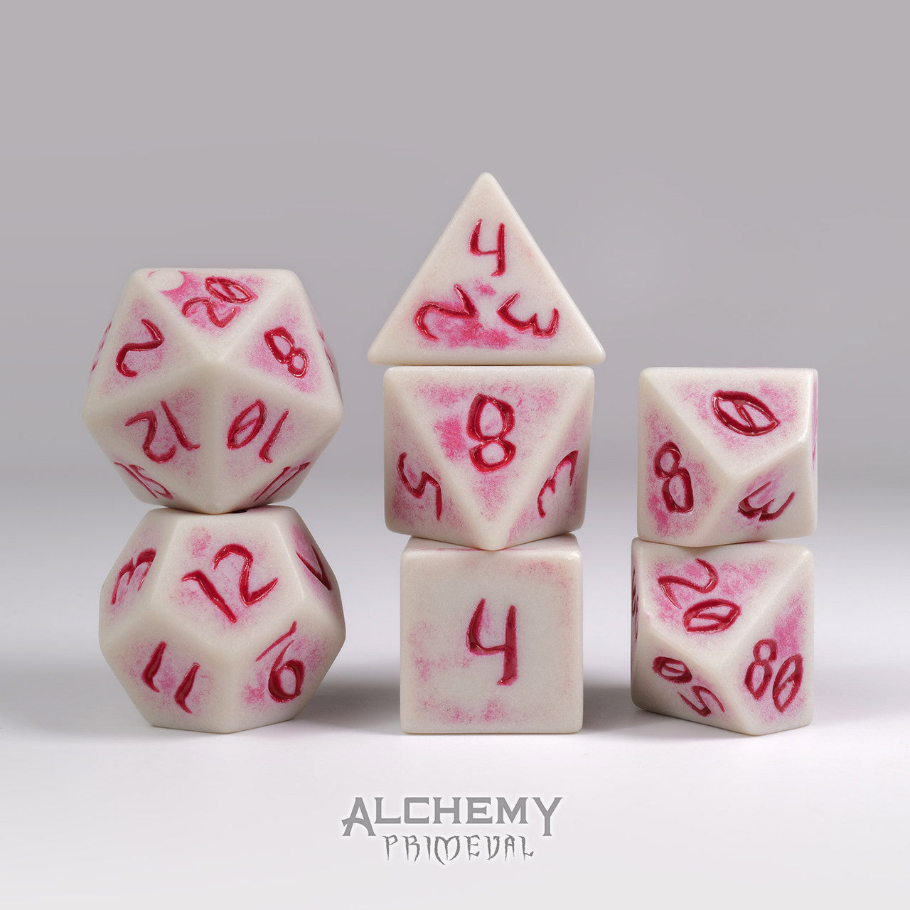 Primeval: Bone with Red Ink 7pc Custom Font Polyhedral Dice Set