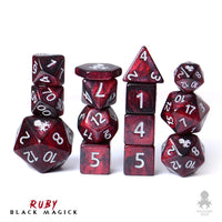 Ruby Black Magick Silver Ink 14pc DnD Dice Set With Kraken Logo