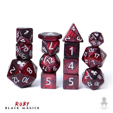Ruby Black Magick Silver Ink 14pc DnD Dice Set With Kraken Logo