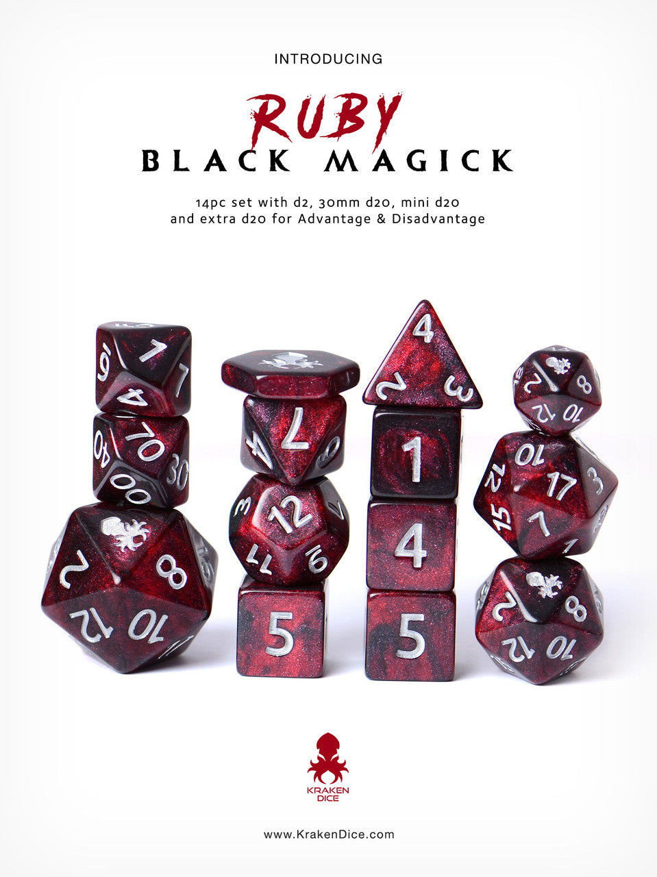 Ruby Black Magick Silver Ink 14pc DnD Dice Set With Kraken Logo