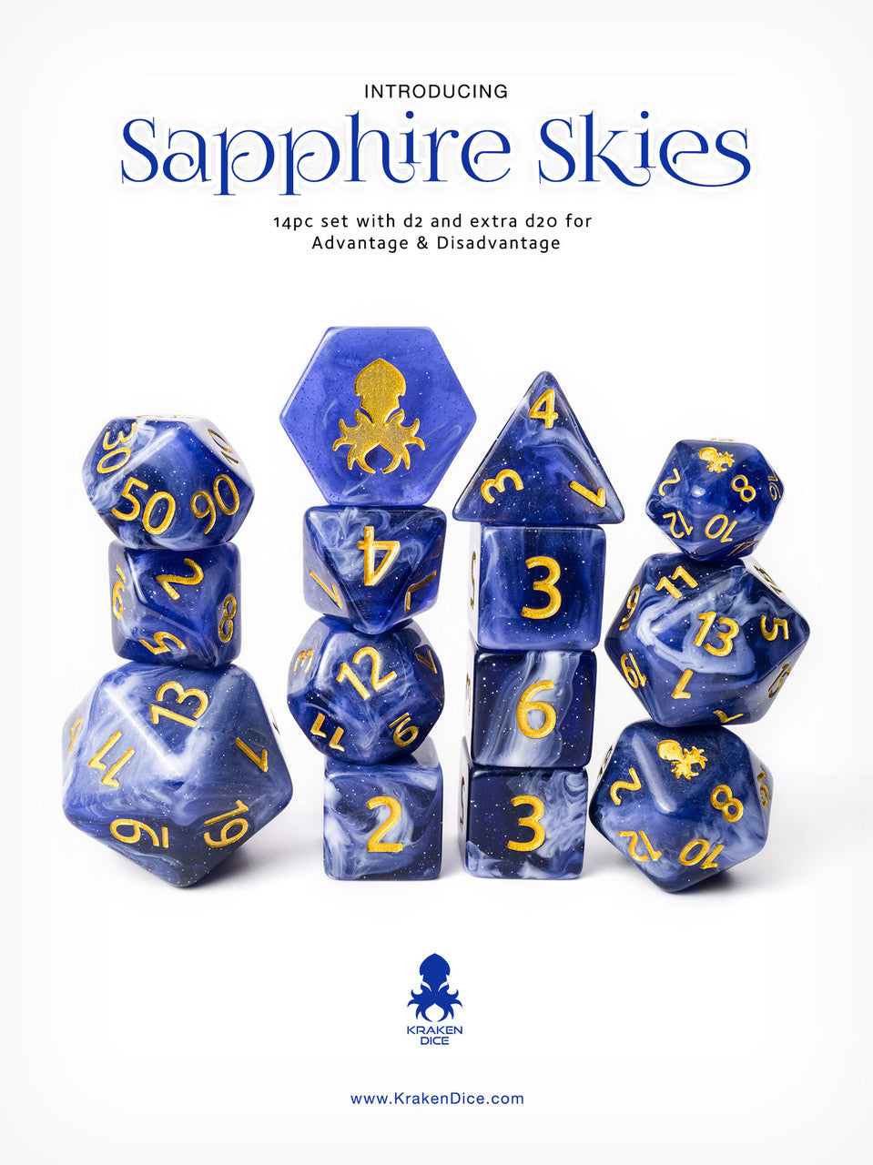 Sapphire Skies 14pc Gold Ink with Kraken Logo Polyhedral Dice Set for RPGS