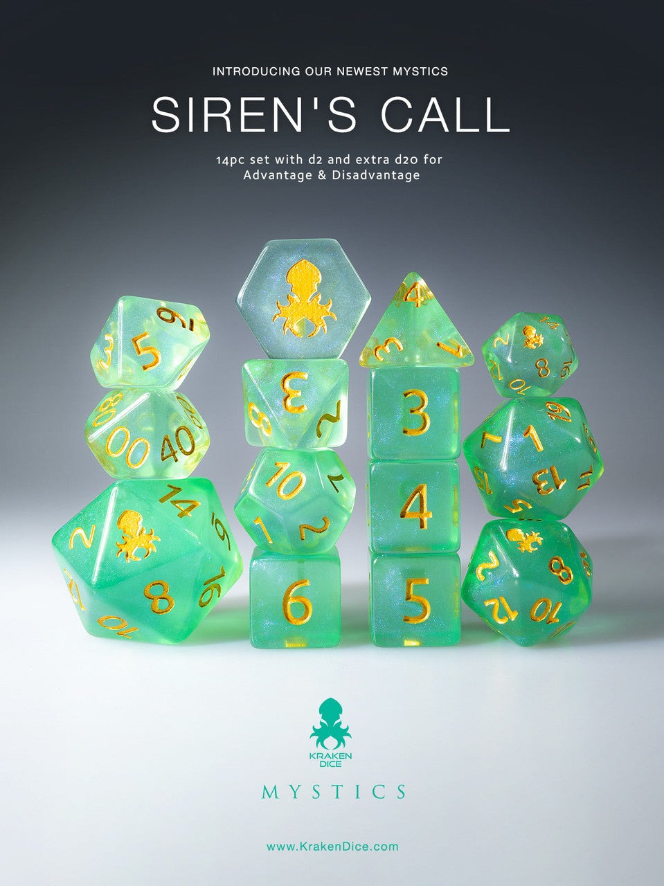 Siren's Call 14pc Gold Ink Dice Set With Kraken Logo