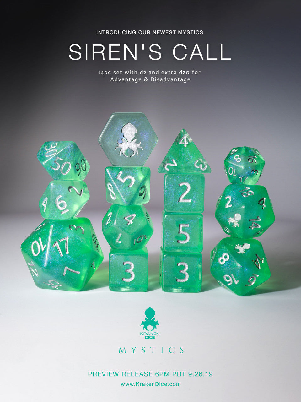Siren's Call 14pc Silver Ink Dice Set