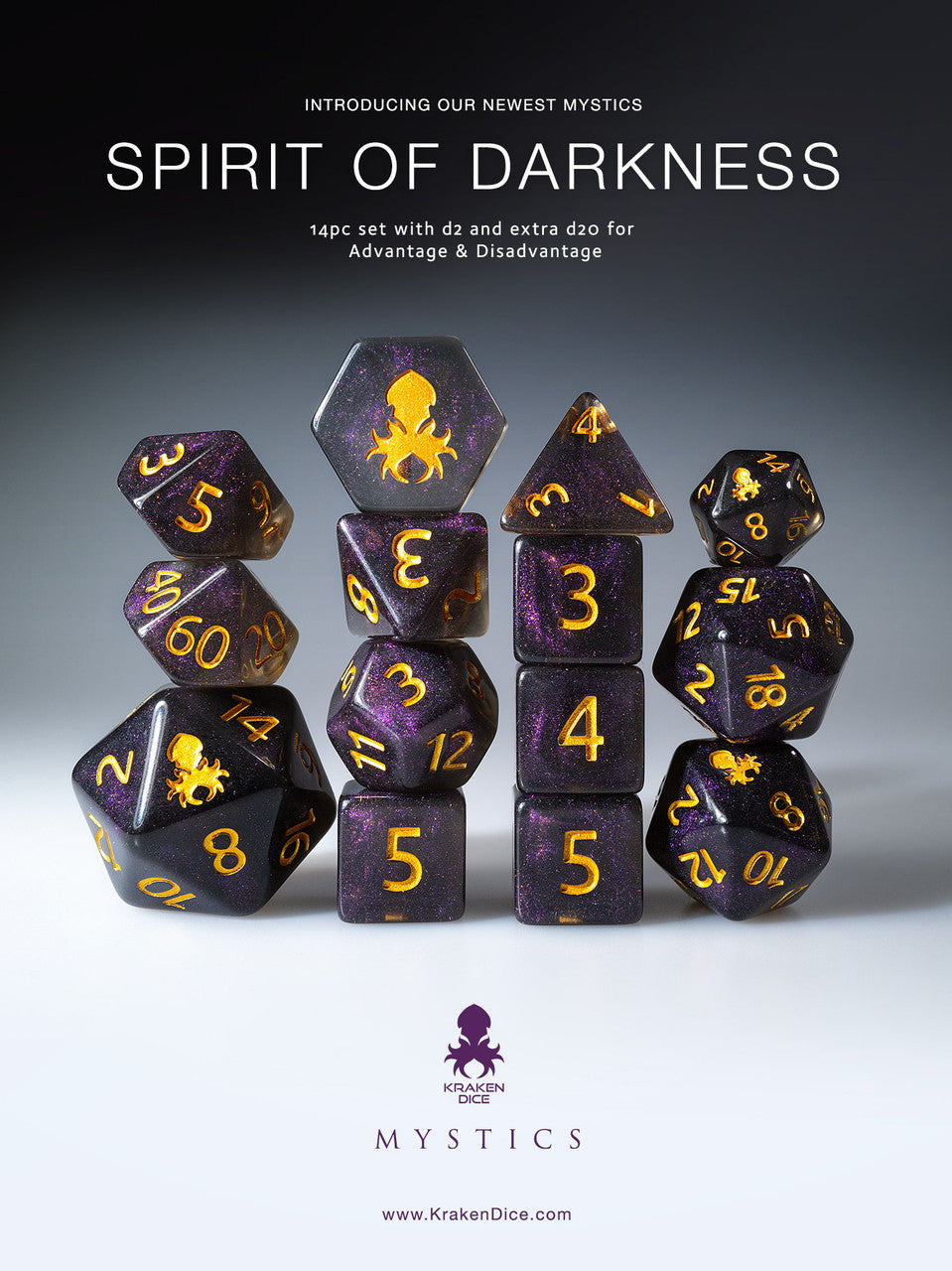 Spirit of Darkness 14pc Gold Ink Dice Set With Kraken Logo