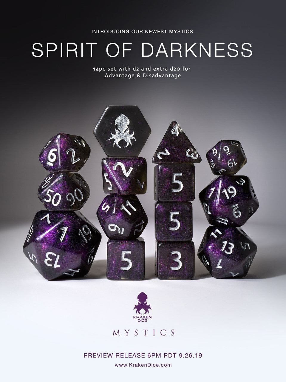 Spirit of Darkness 14pc Silver Ink Dice Set With Kraken Logo