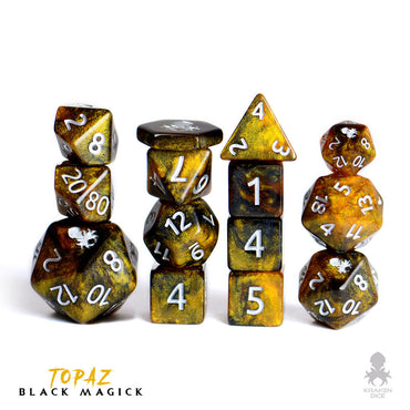 Topaz Black Magick Silver Ink 14pc DnD Dice Set With Kraken Logo