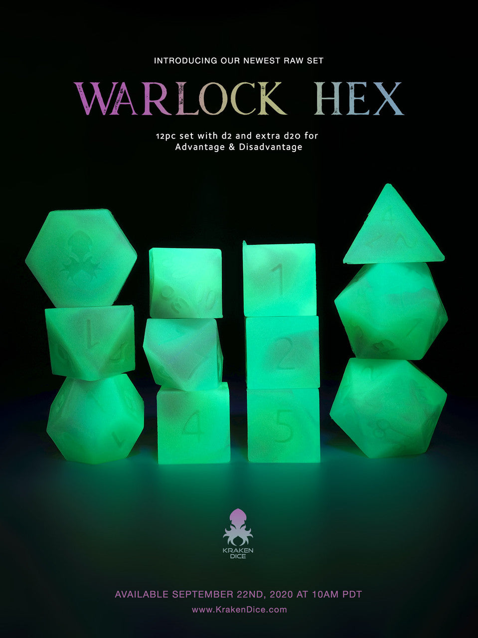 RAW Warlock Hex 12pc Glow in the Dark RPG Dice Set